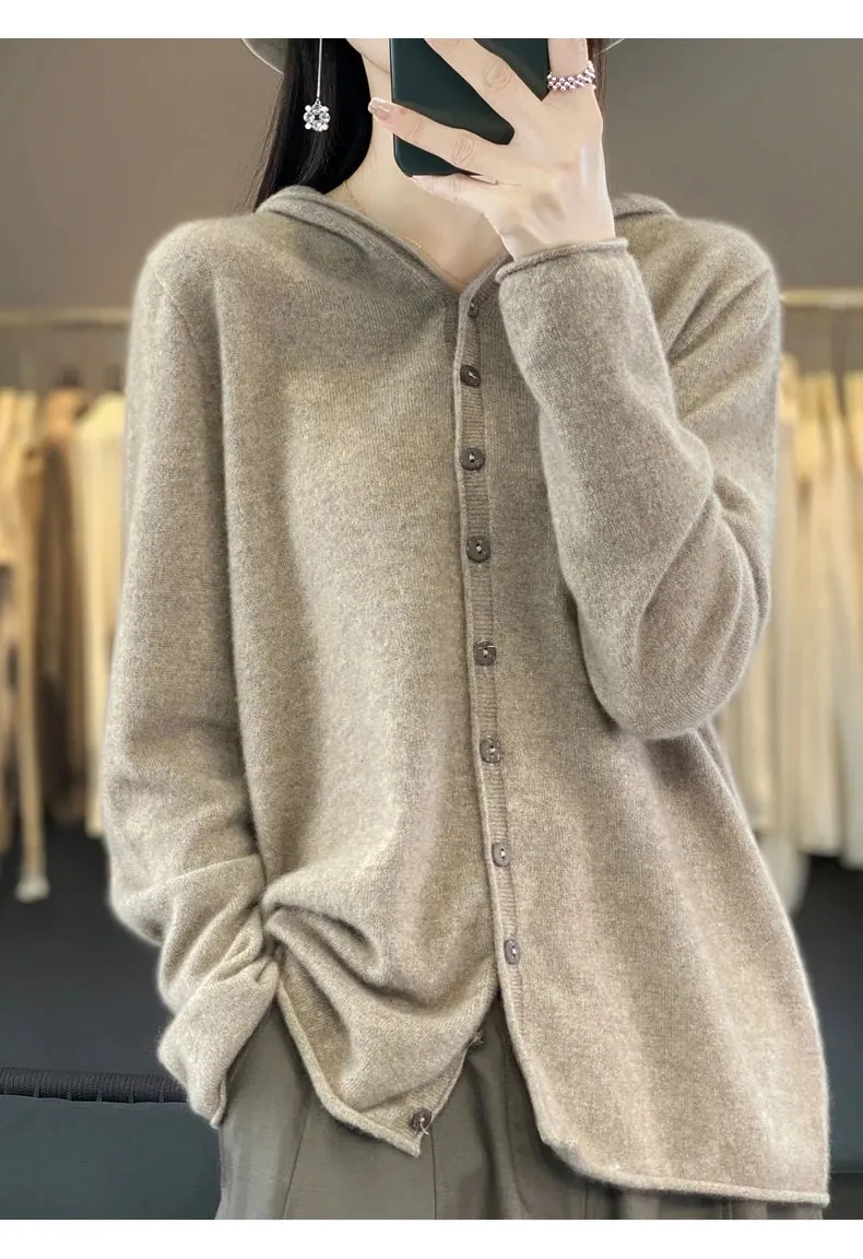 100% Merino Wool  Hooded Cardigan