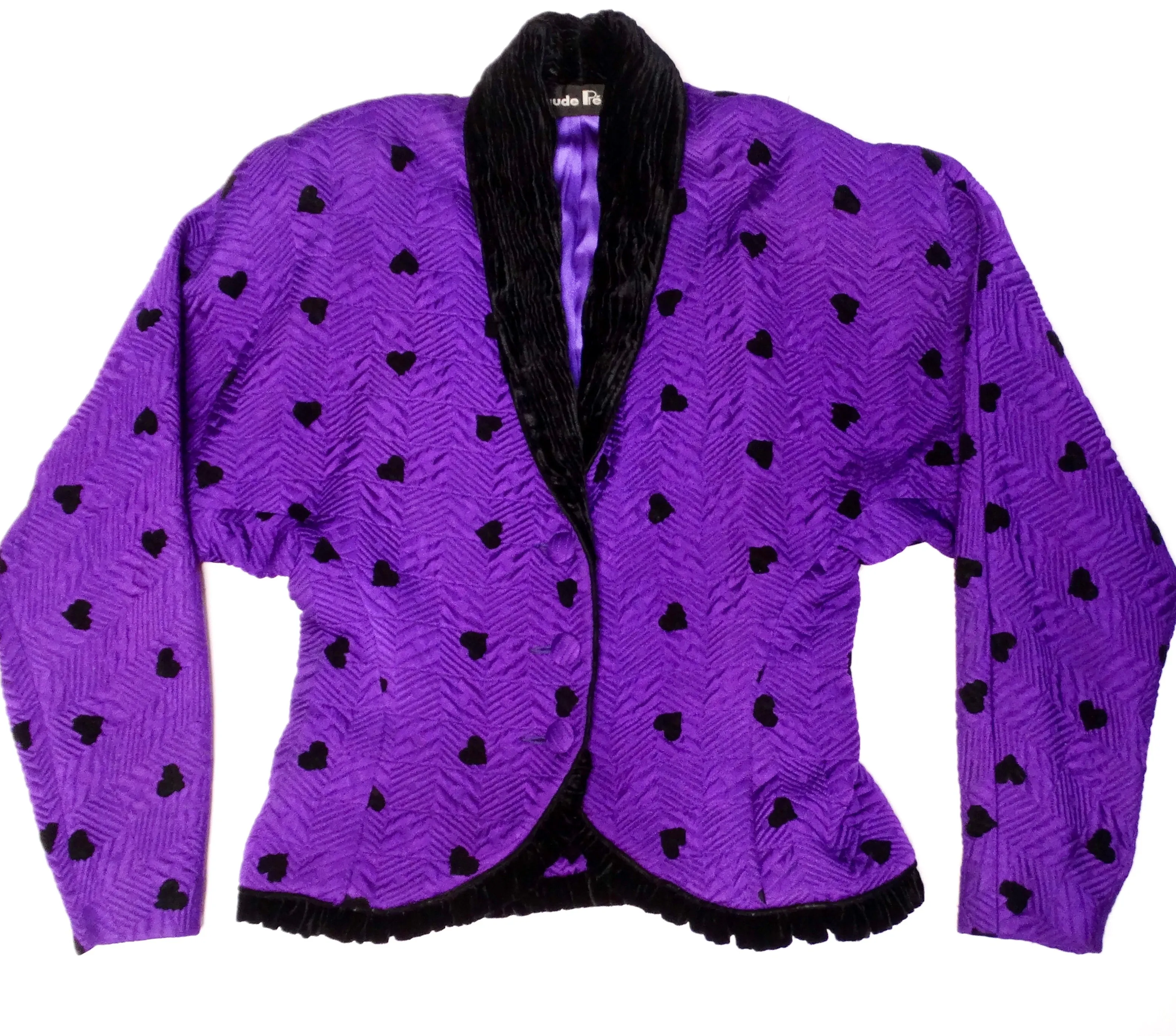 1980s Purple & Black Hearts Blazer & Pencil Skirt Suit Set