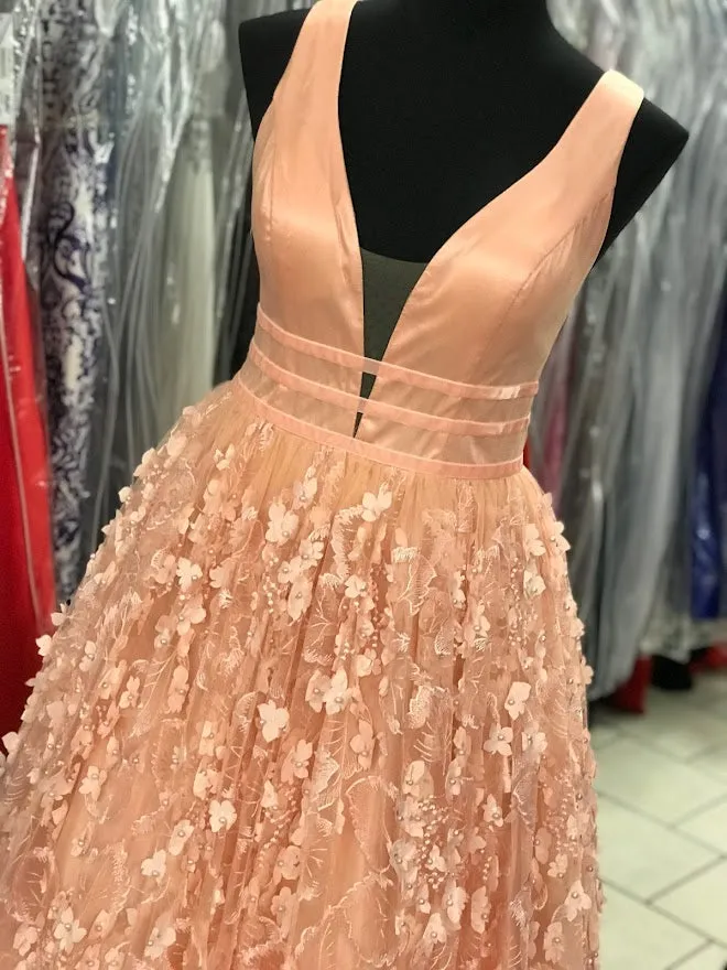 Allie Blu 6101 size 10 Peach floral applique prom dress Ballgown lace