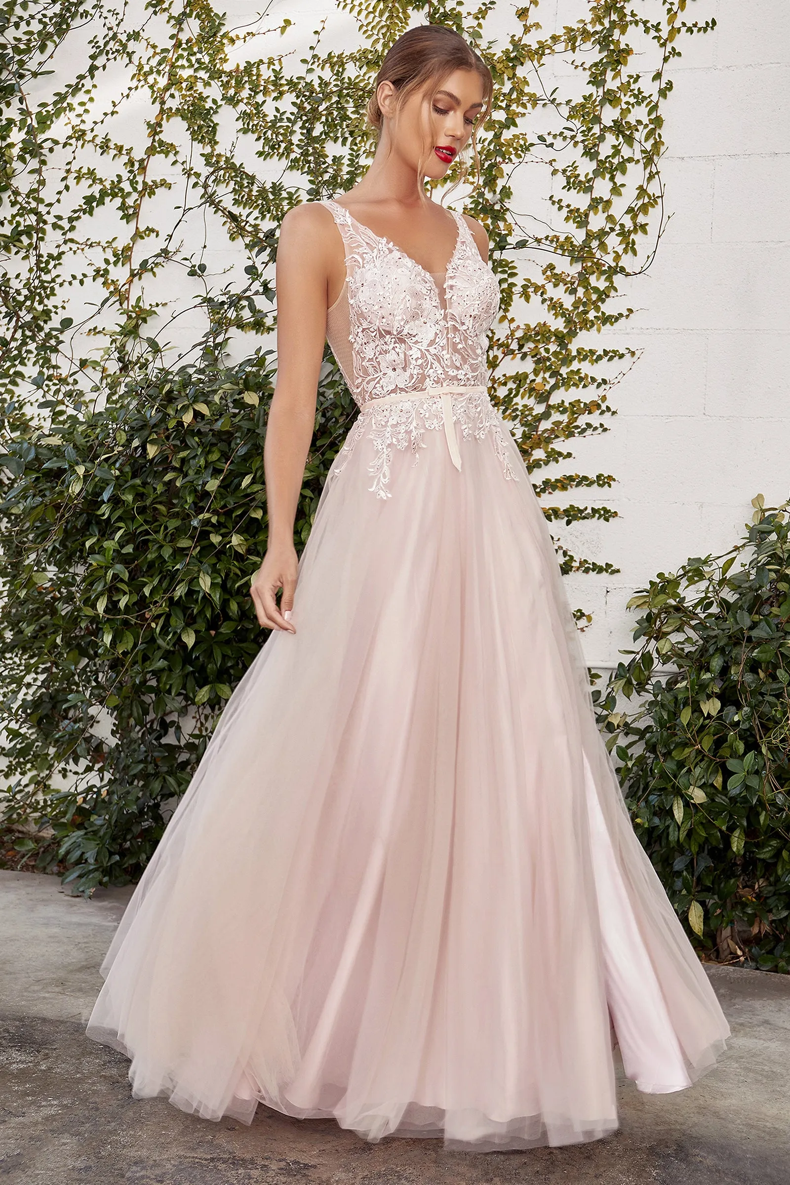 ANDREA & LEO A1045 Embroidered V-Neck Tulle A Line Dress