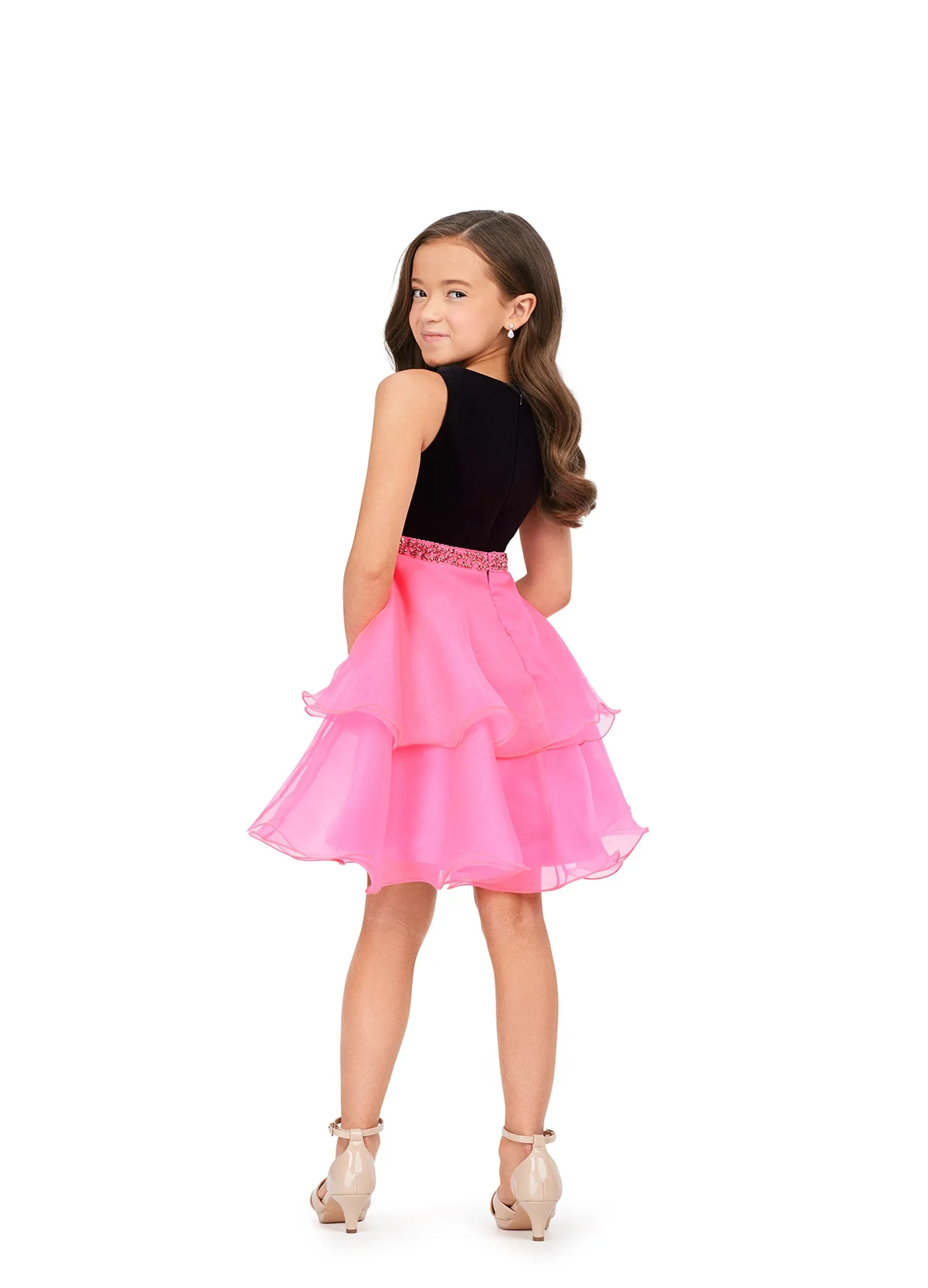 Ashley Lauren Kids 8216 Velvet Bustier And Organza Skirt Beaded Detail Crew Neckline Cocktail Dress