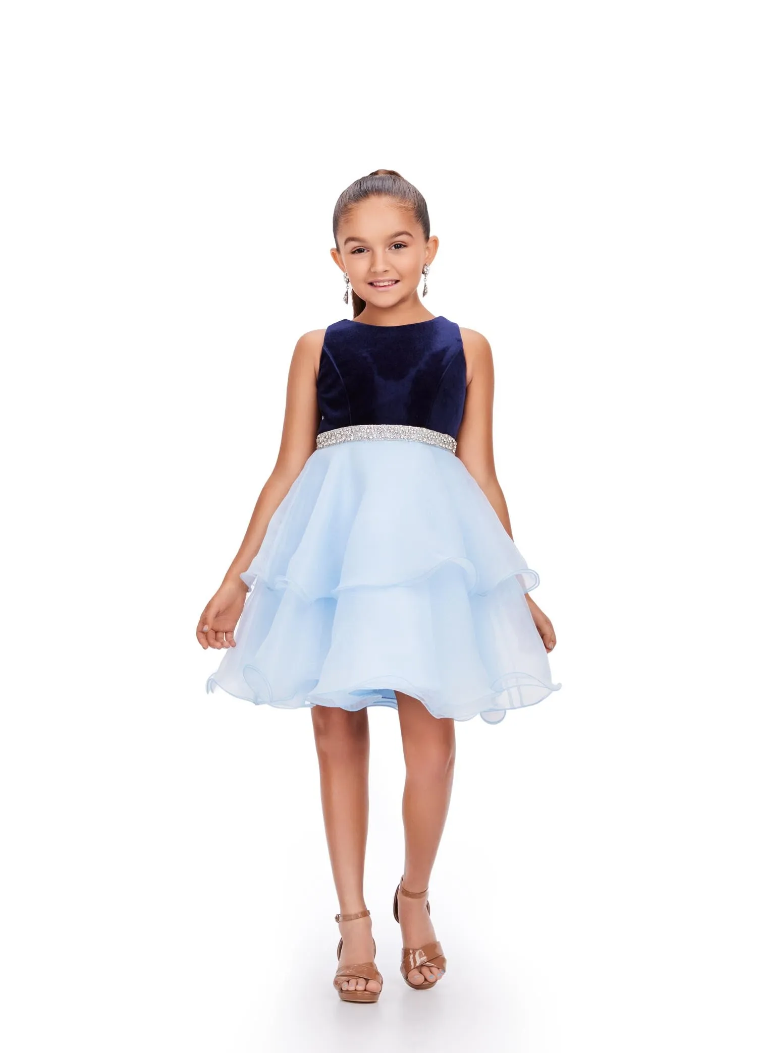 Ashley Lauren Kids 8216 Velvet Bustier And Organza Skirt Beaded Detail Crew Neckline Cocktail Dress