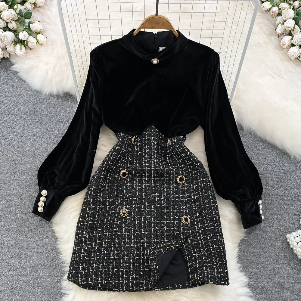 Autumn Retro Velvet Long Sleeves Elegant A Line Short Dress 1516