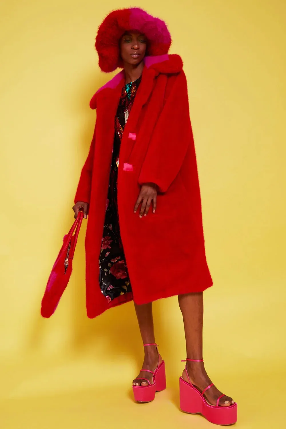 Bamboo Faux Fur Red Midi Coat With Pink Collar