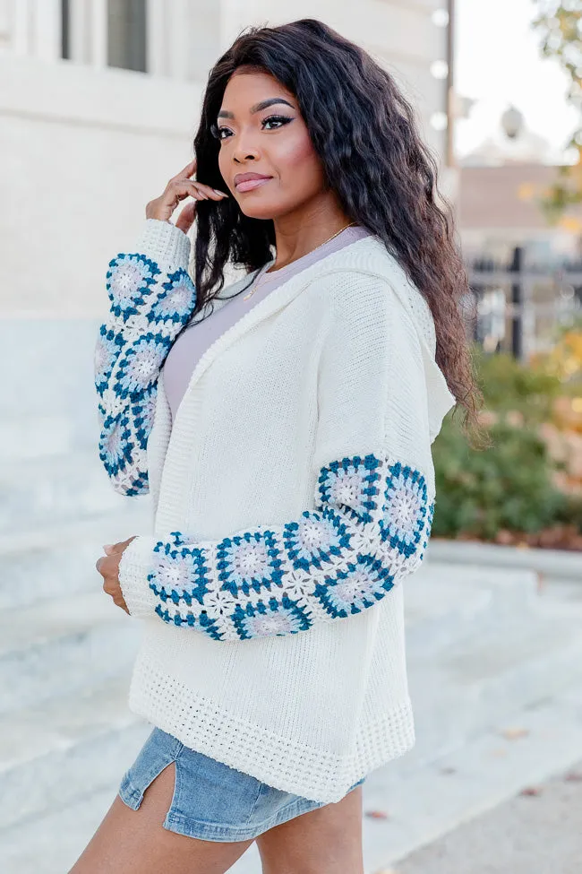 Be Better Ivory and Blue Crochet Sleeve Hooded Cardigan  FINAL SALE