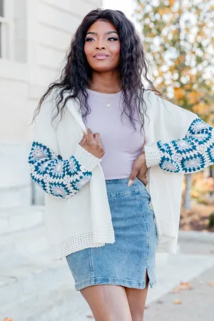 Be Better Ivory and Blue Crochet Sleeve Hooded Cardigan  FINAL SALE