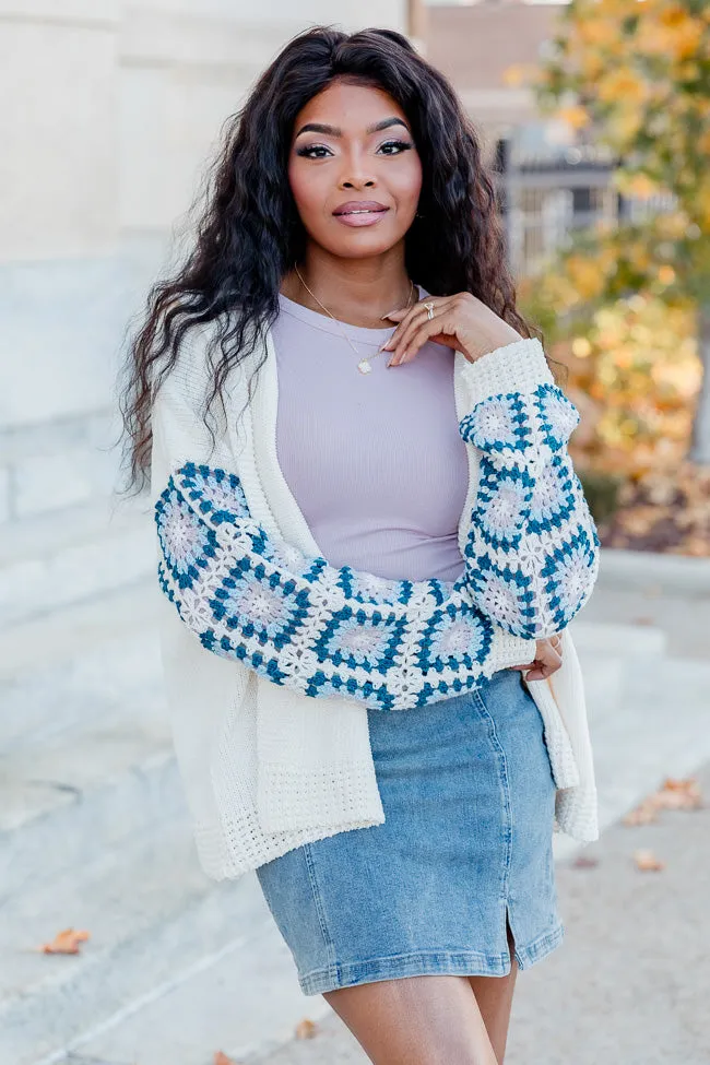 Be Better Ivory and Blue Crochet Sleeve Hooded Cardigan  FINAL SALE