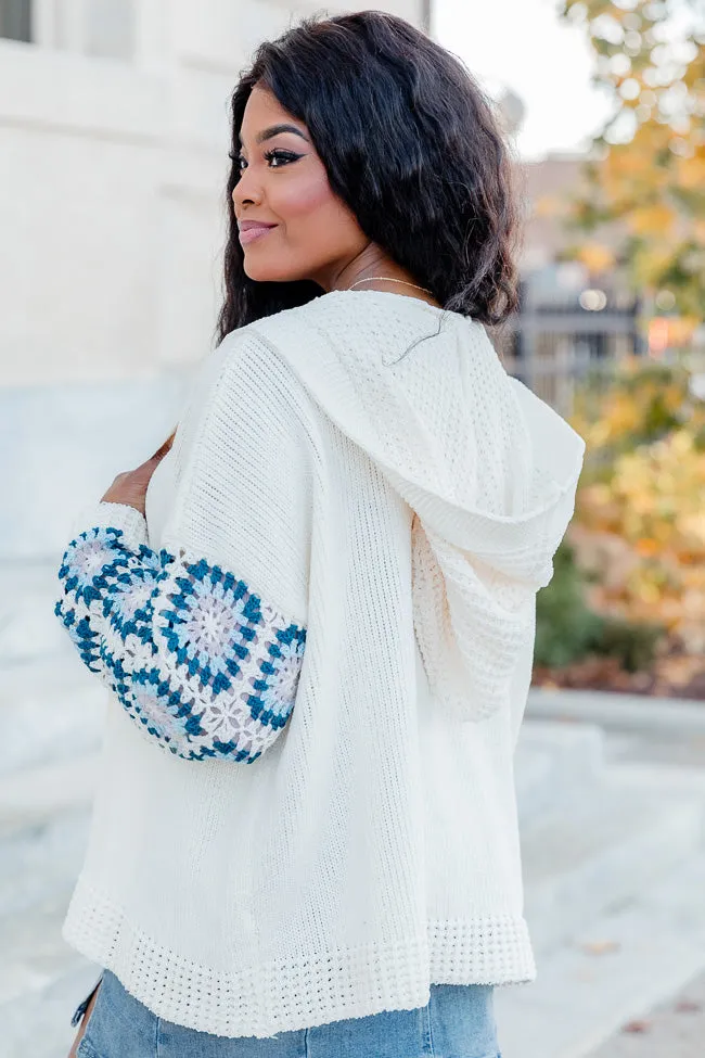 Be Better Ivory and Blue Crochet Sleeve Hooded Cardigan  FINAL SALE