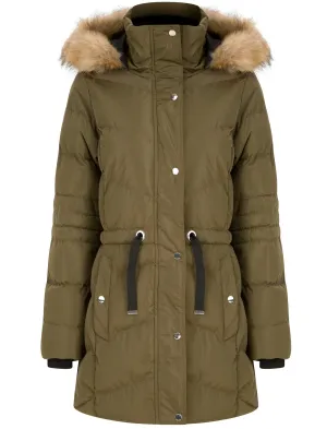 Bingo Longline Quilted Puffer Coat with Faux Fur Trim Hood in Khaki - Tokyo Laundry