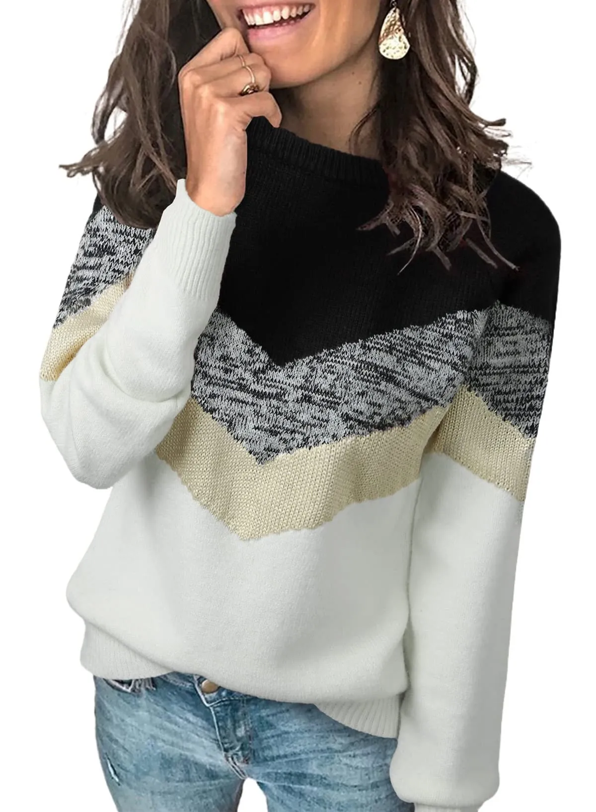 Black Arrow Womens Color Block Sweaters Long Sleeve Crewneck Pullover Knit Jumper Tops - Dokotoo