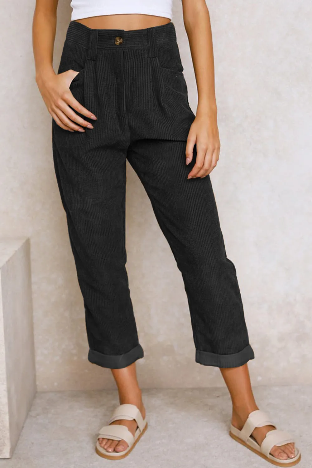 Black Corduroy High Waist Straight Leg Pants