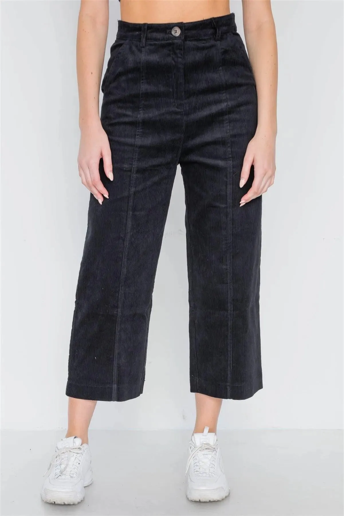 Black Corduroy Wide Leg Cropped Pants /2-1-3