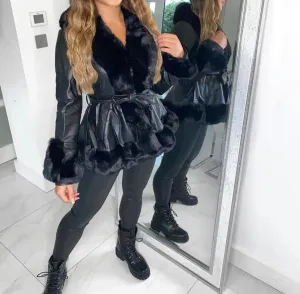 Black Faux Leather Fur Trim Belted PU Crop Coat