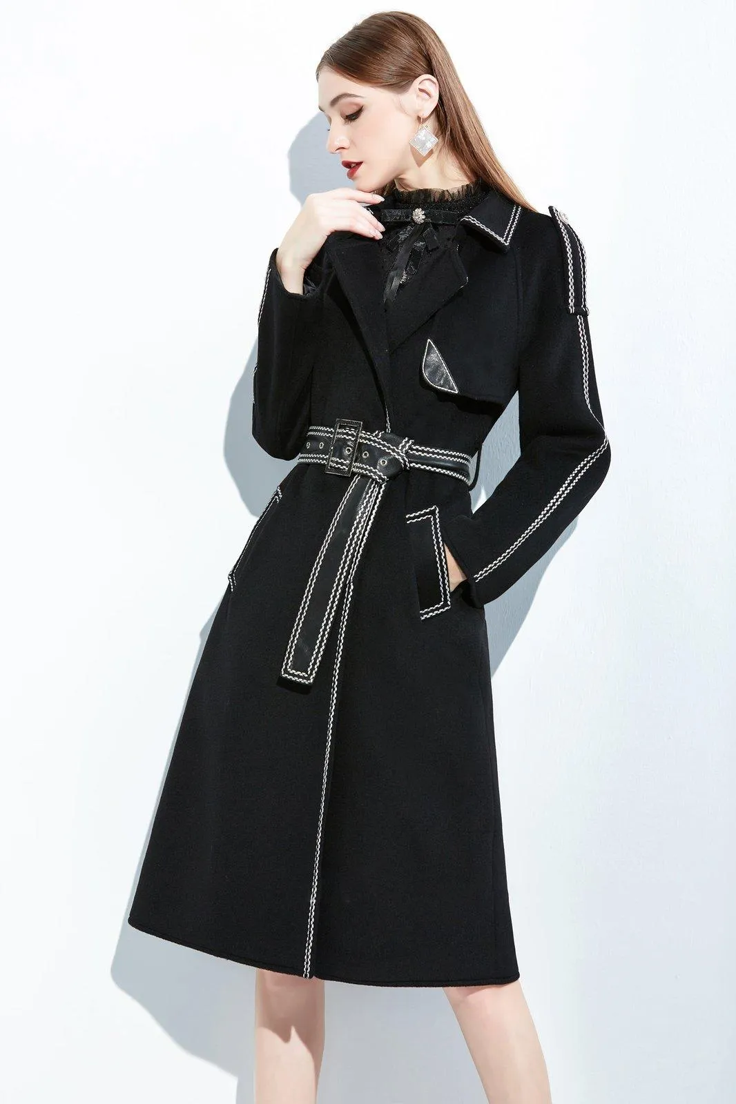 Black Leather Belted Wool Blend Long Coat