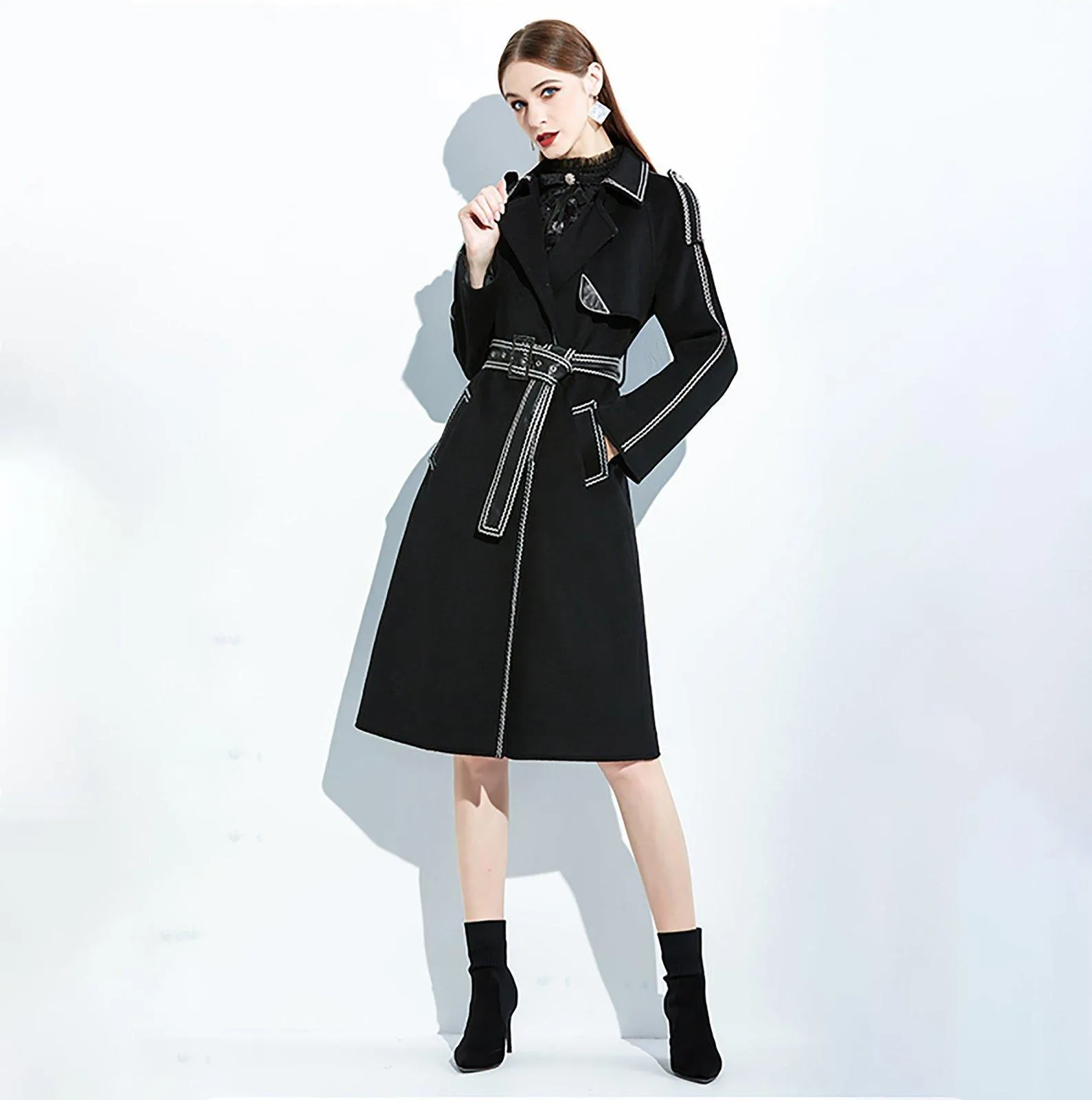 Black Leather Belted Wool Blend Long Coat