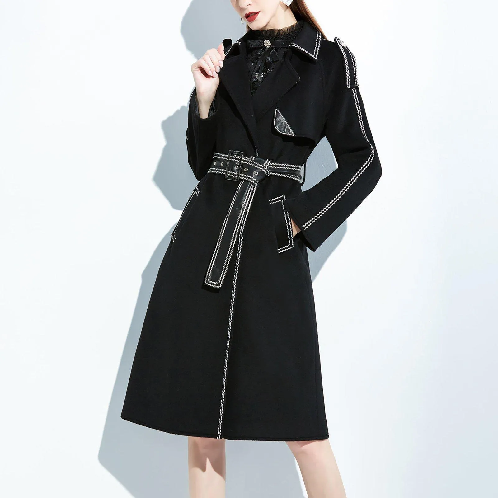 Black Leather Belted Wool Blend Long Coat