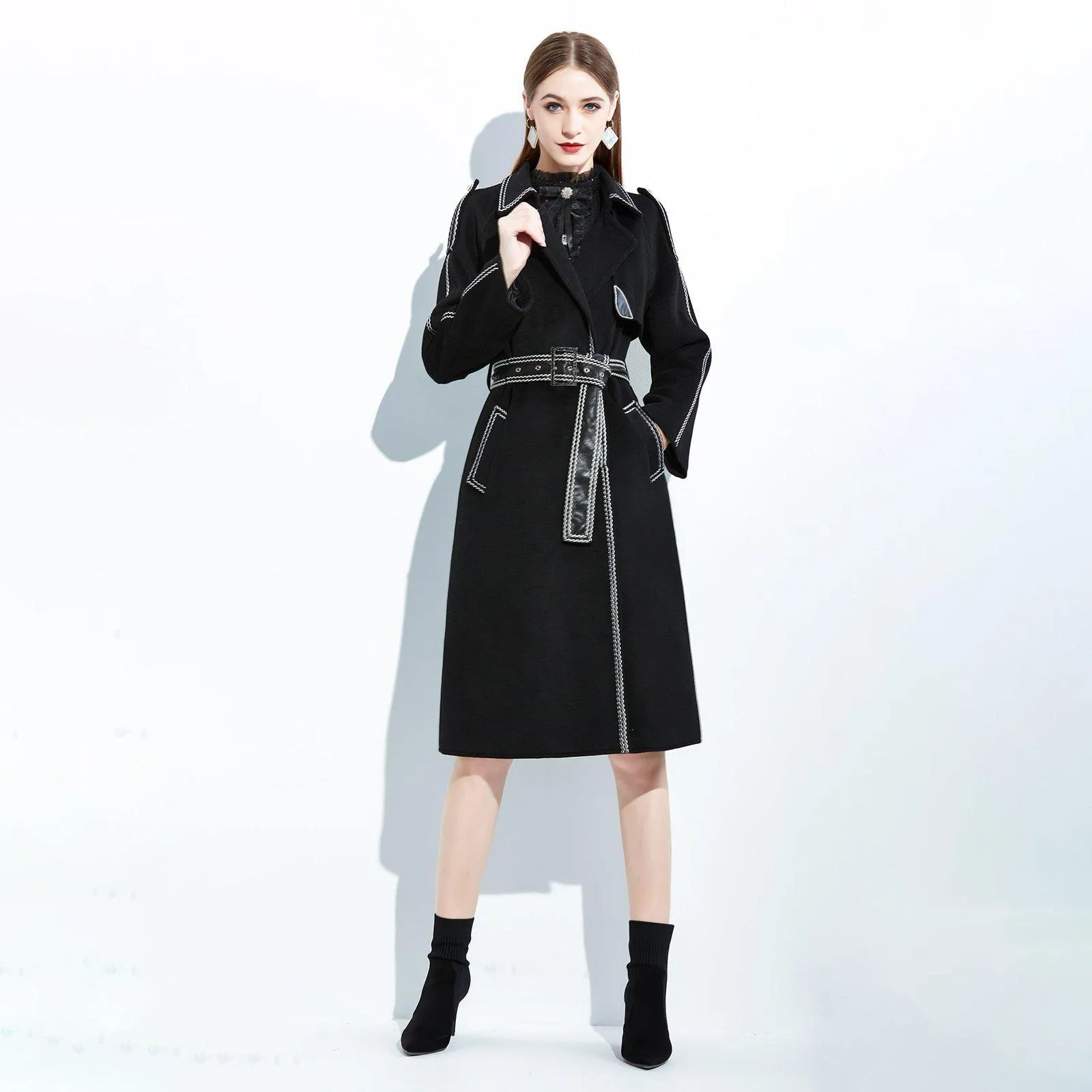 Black Leather Belted Wool Blend Long Coat