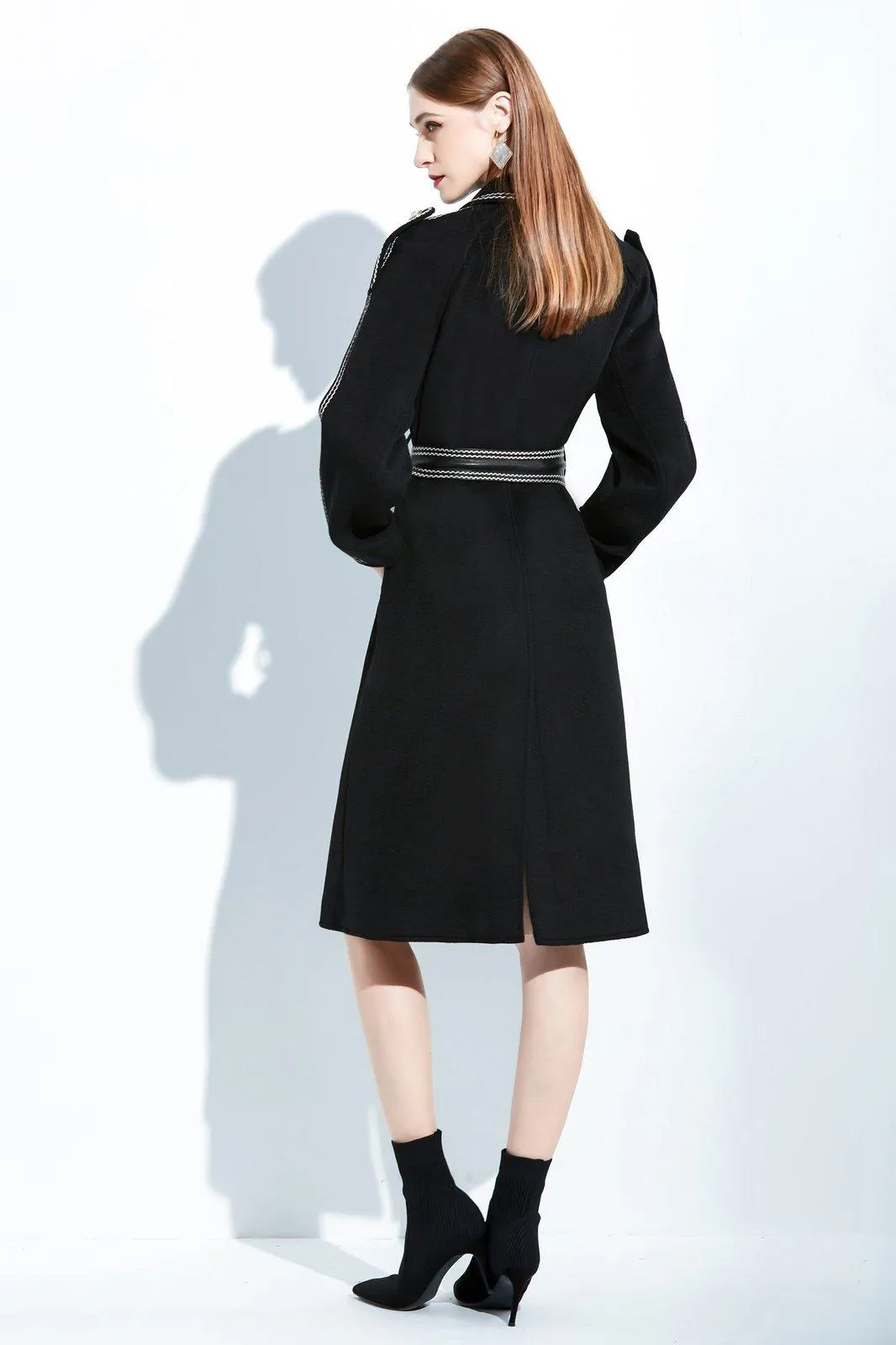 Black Leather Belted Wool Blend Long Coat