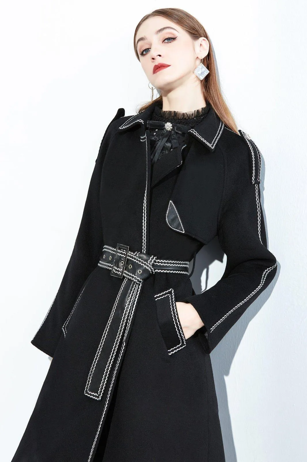 Black Leather Belted Wool Blend Long Coat