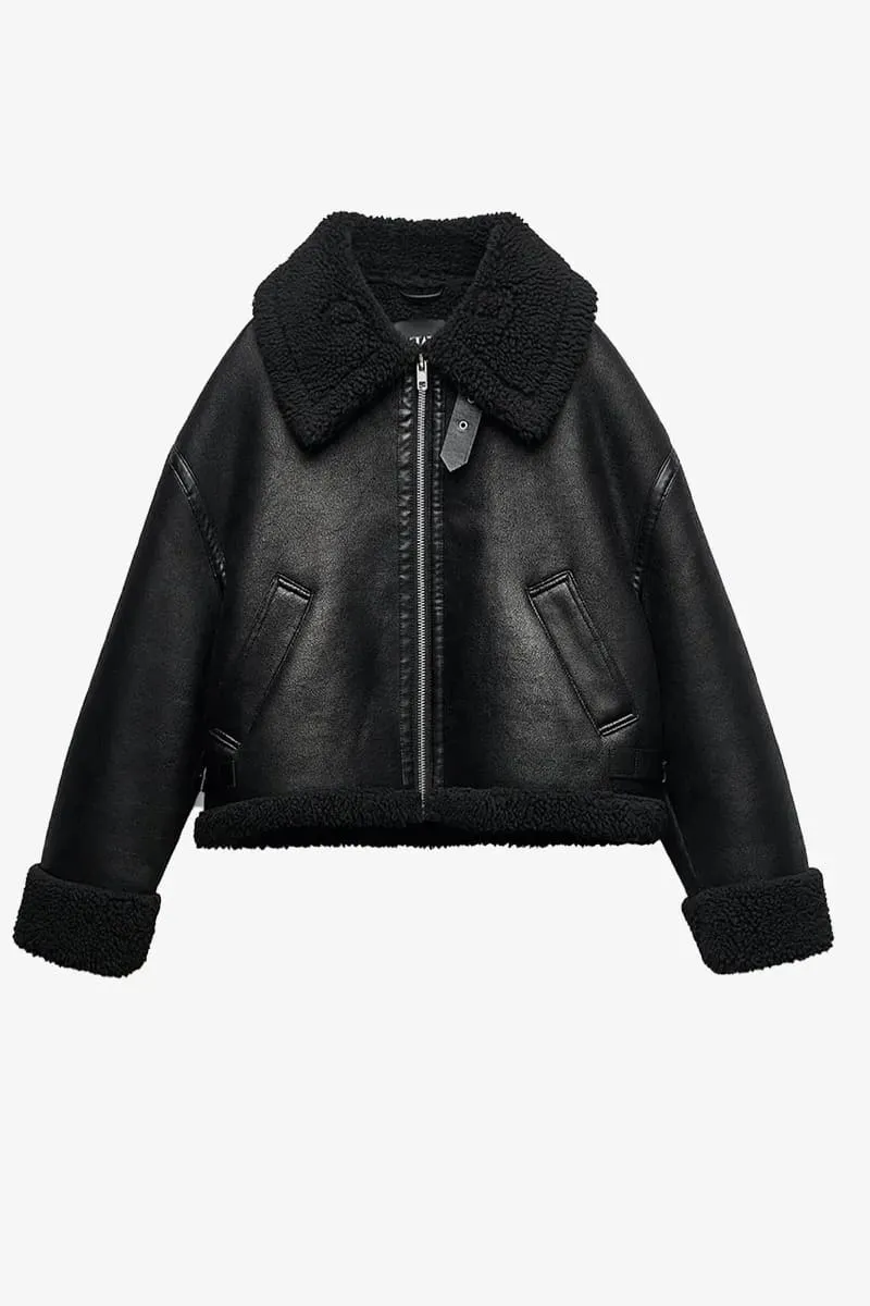 Black Leather Shearling Womens Jacket