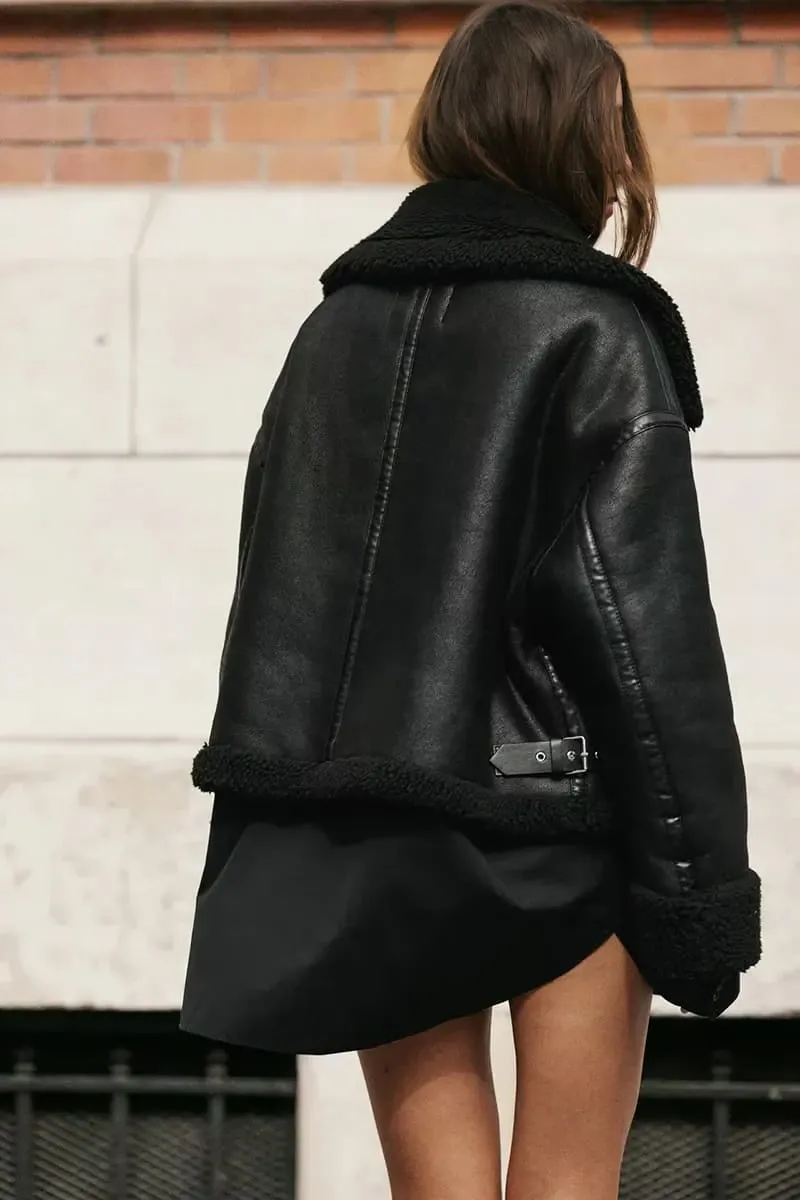 Black Leather Shearling Womens Jacket