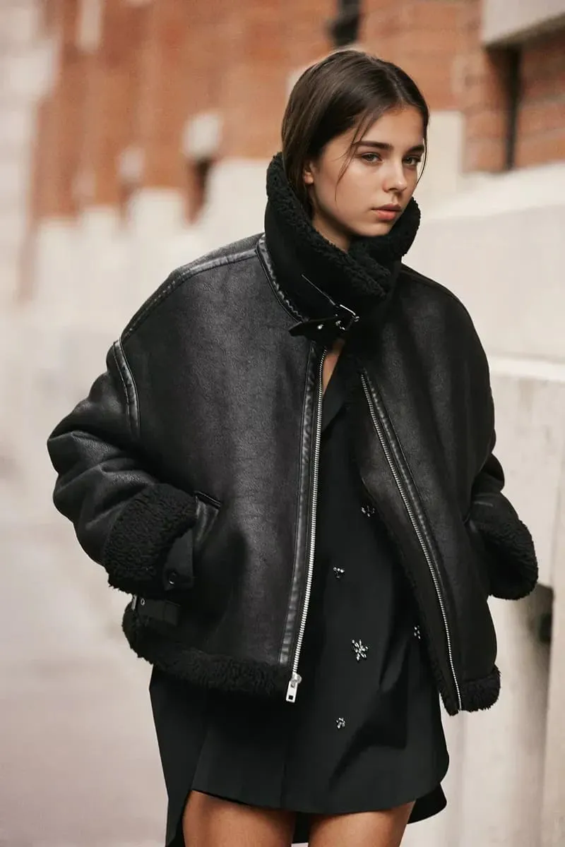 Black Leather Shearling Womens Jacket