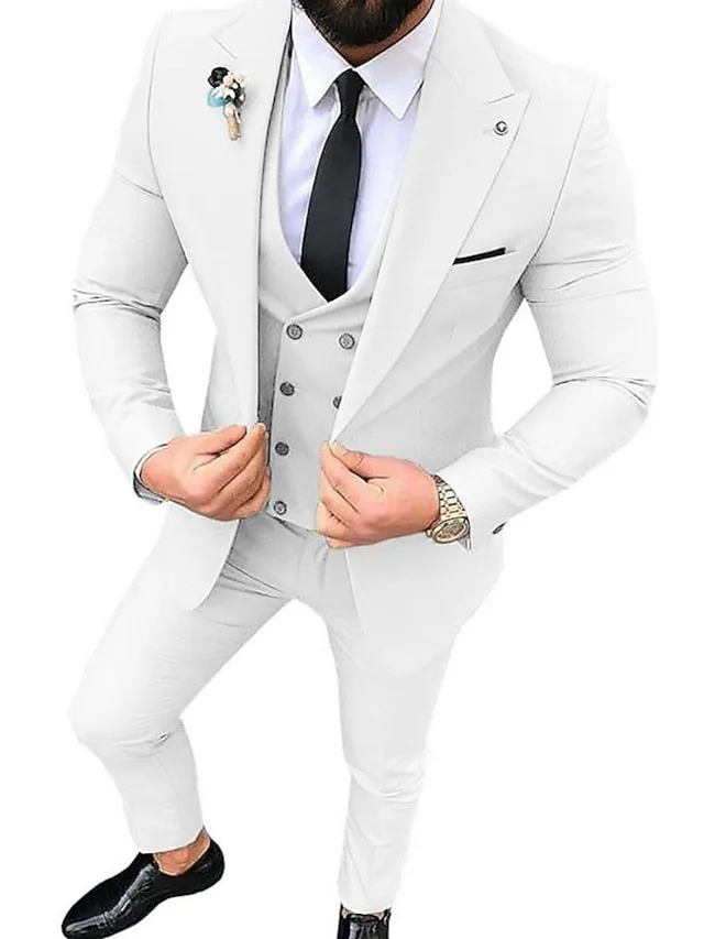 Black White Champagne Men's Wedding Suits 3 Piece Solid Colored Standard Fit Double Breasted Six-buttons