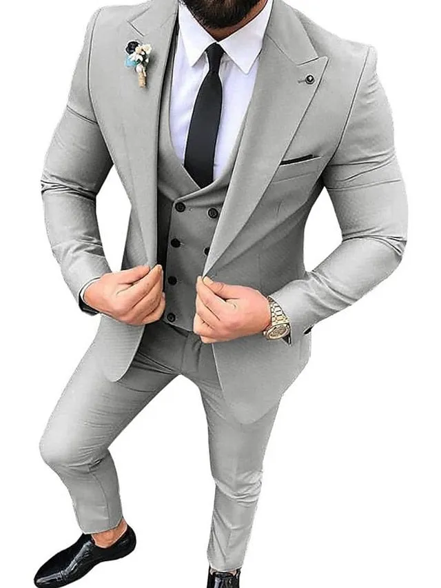 Black White Champagne Men's Wedding Suits 3 Piece Solid Colored Standard Fit Double Breasted Six-buttons