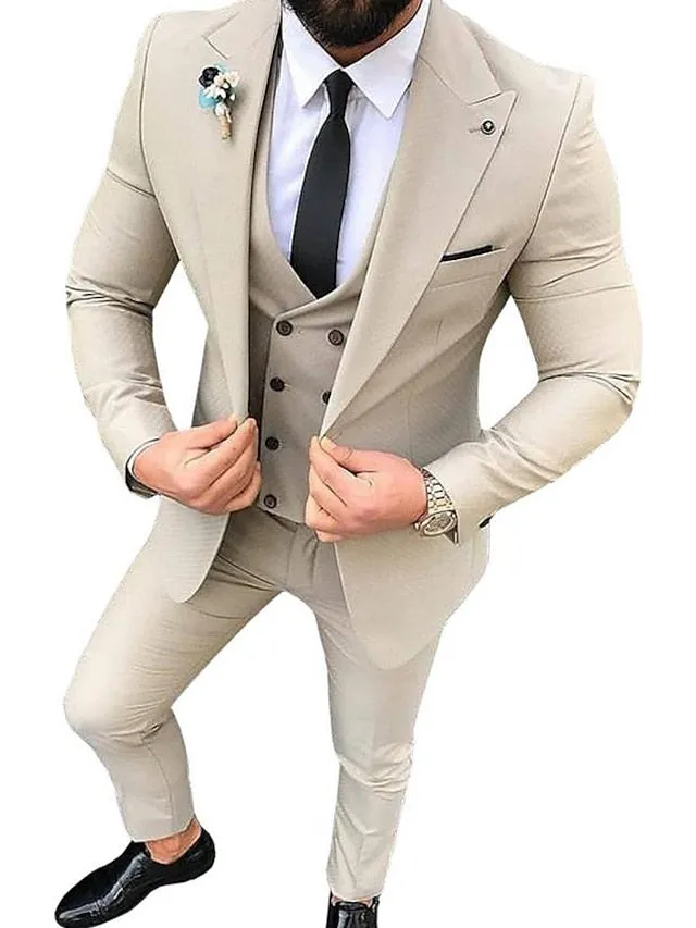 Black White Champagne Men's Wedding Suits 3 Piece Solid Colored Standard Fit Double Breasted Six-buttons