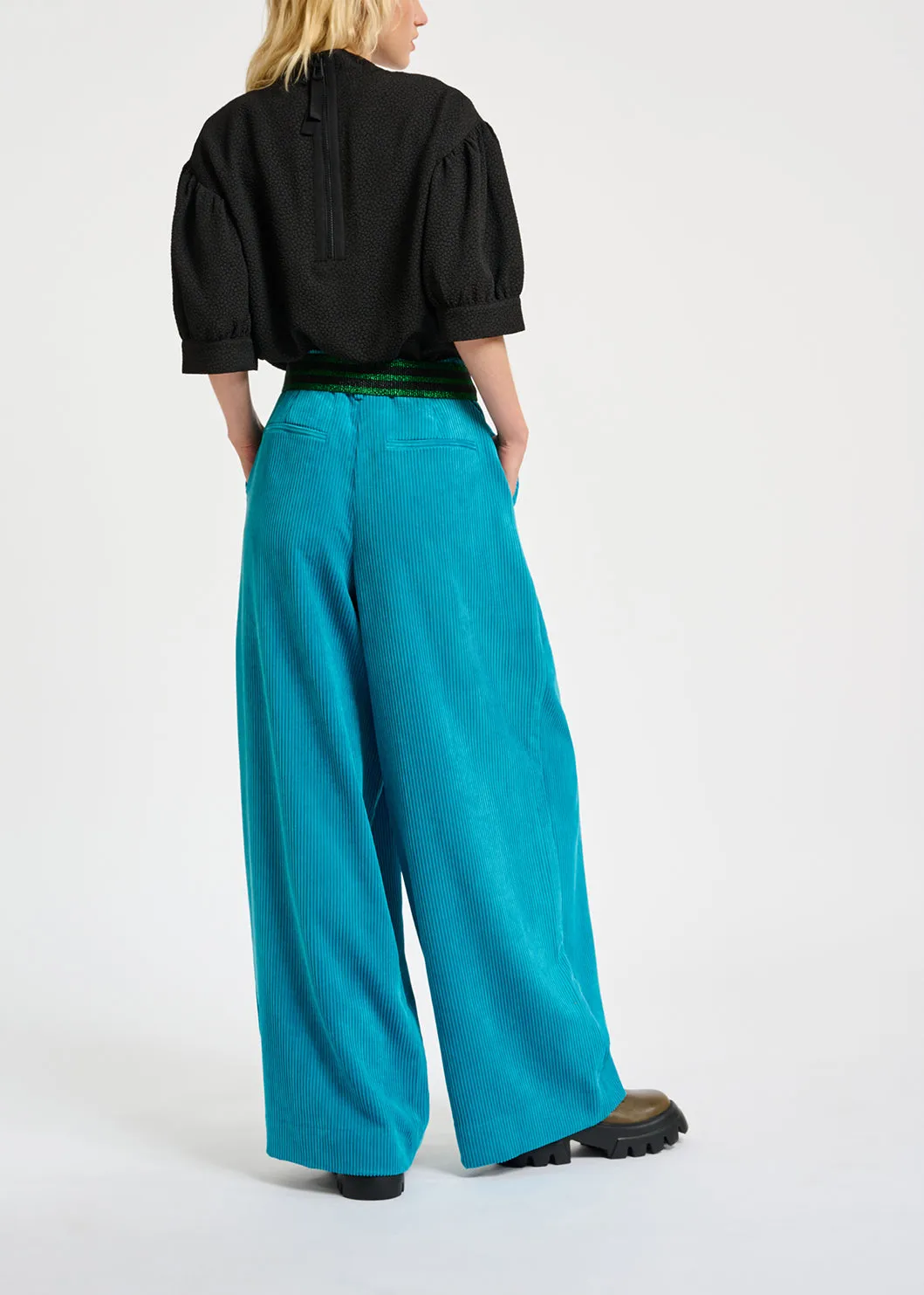 Blue wide-leg corduroy pants