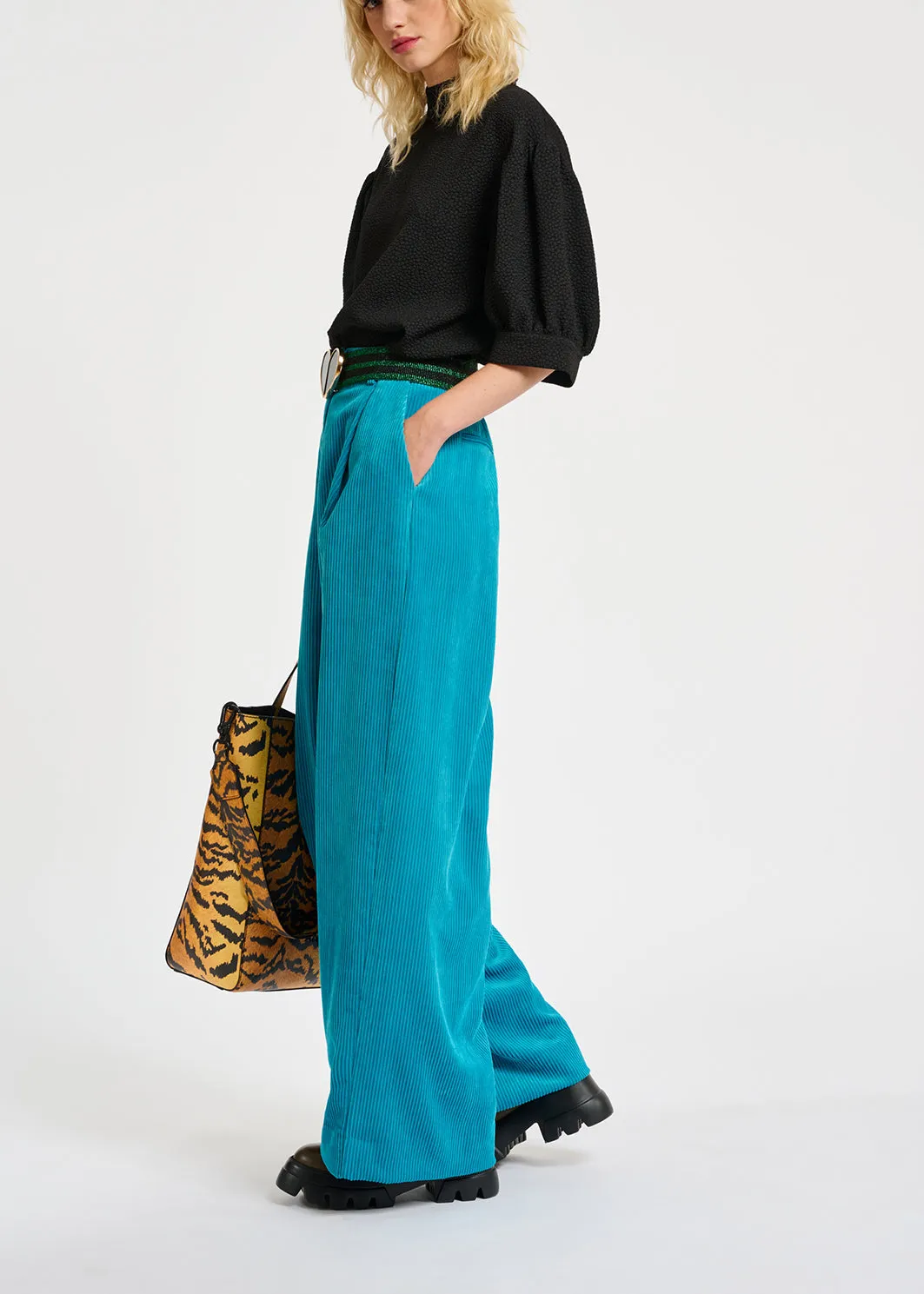 Blue wide-leg corduroy pants