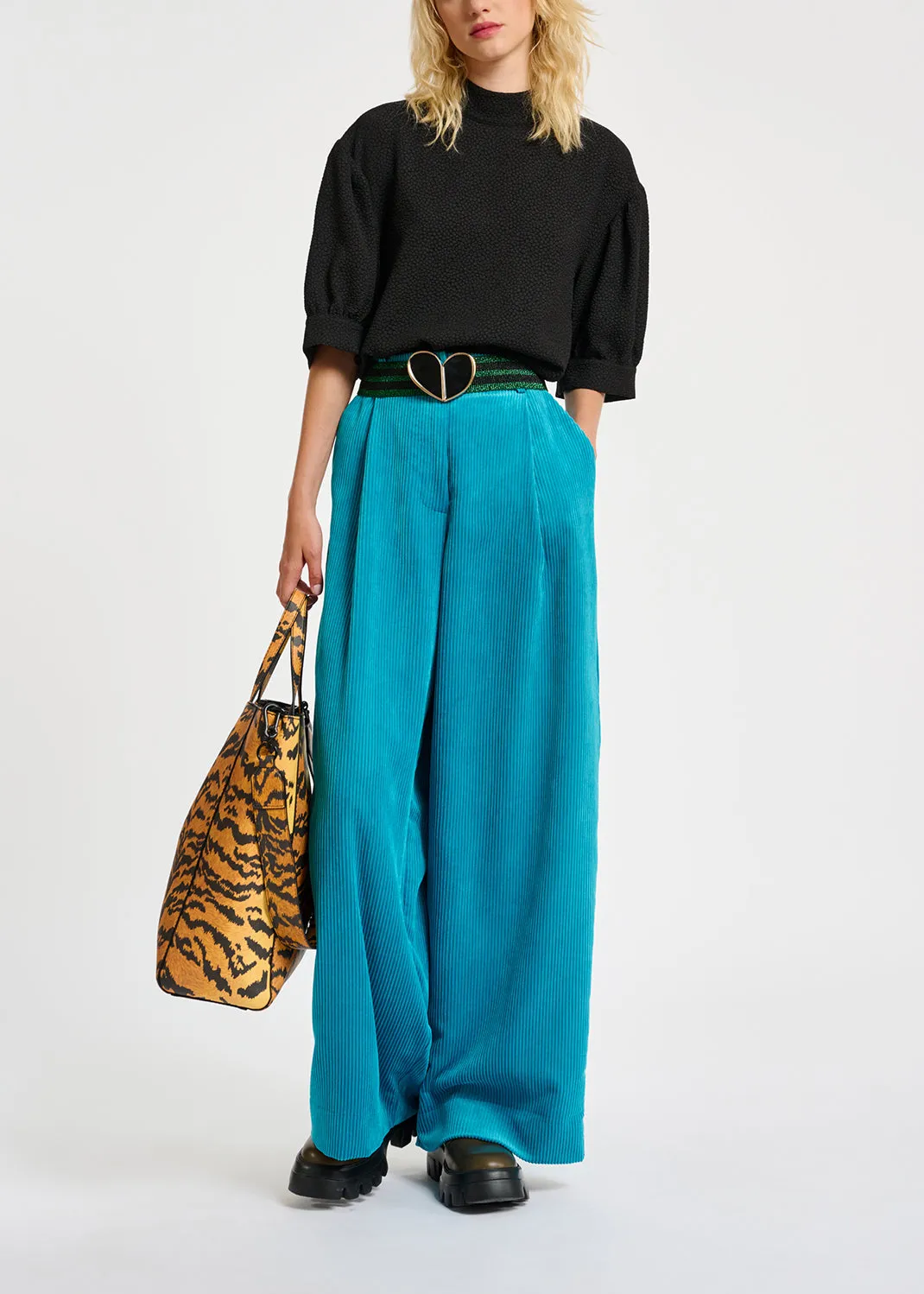 Blue wide-leg corduroy pants