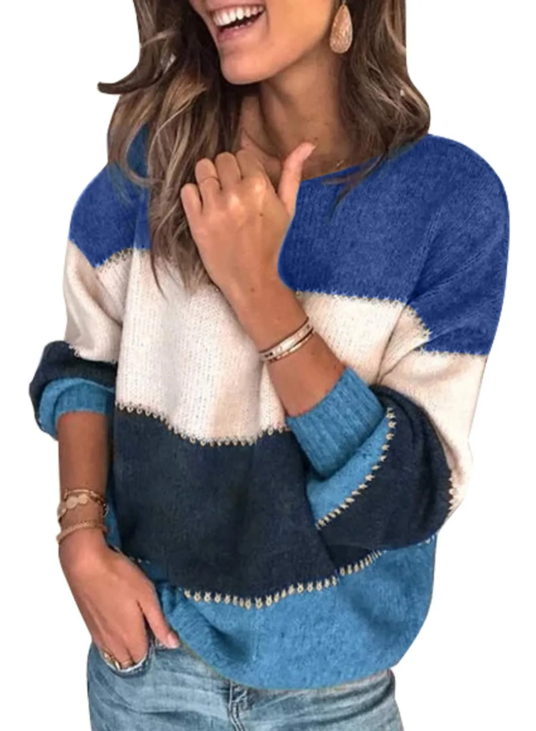 Blue Womens Color Block Sweaters Long Sleeve Crewneck Pullover Knit Jumper Tops - Dokotoo