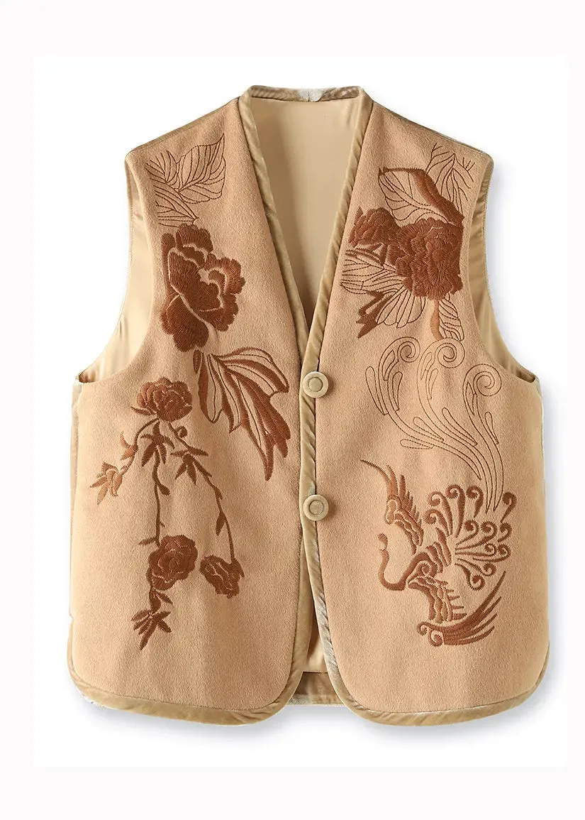 Boutique Khaki V Neck Embroideried Patchwork Woolen Vest Sleeveless ML1440