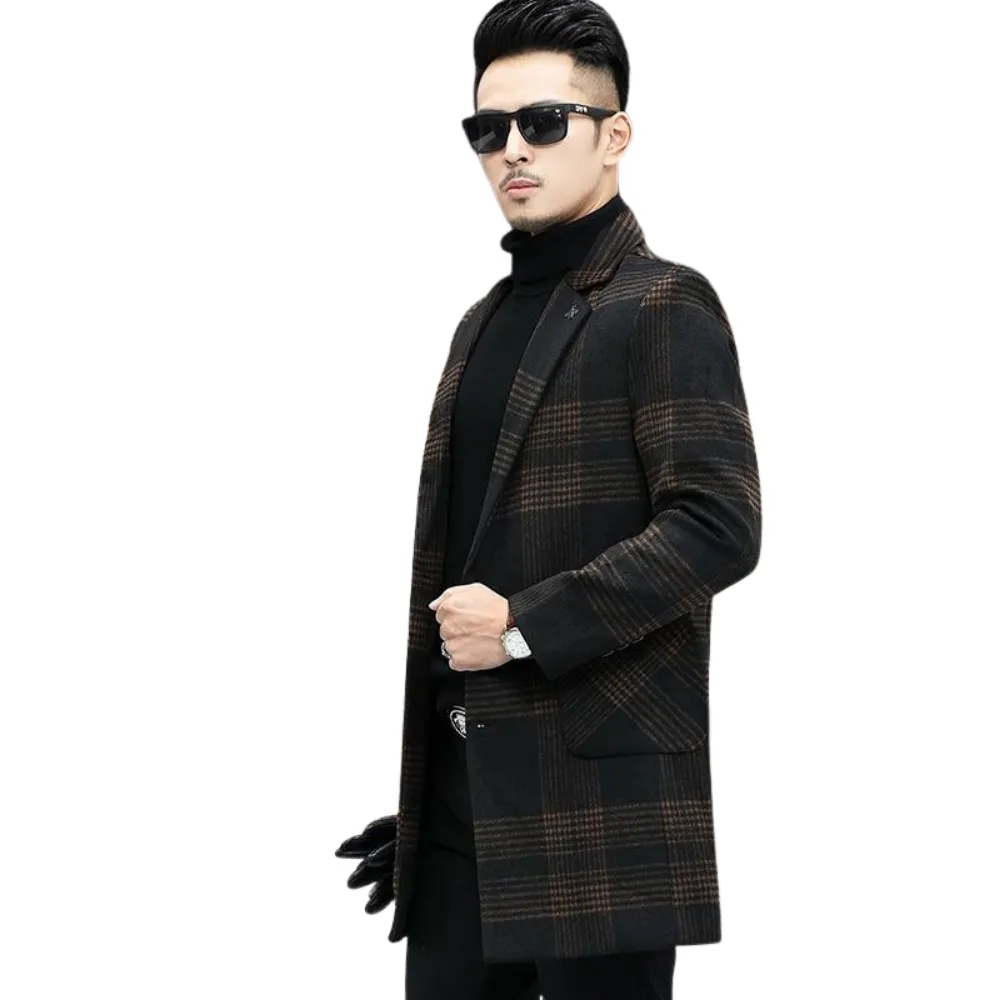 BRADFORD Design Collection Men's Fashion Brown Plaid Coat Jacket Premium Quality Long Wool Brown Plaid Trench Coat Jacket