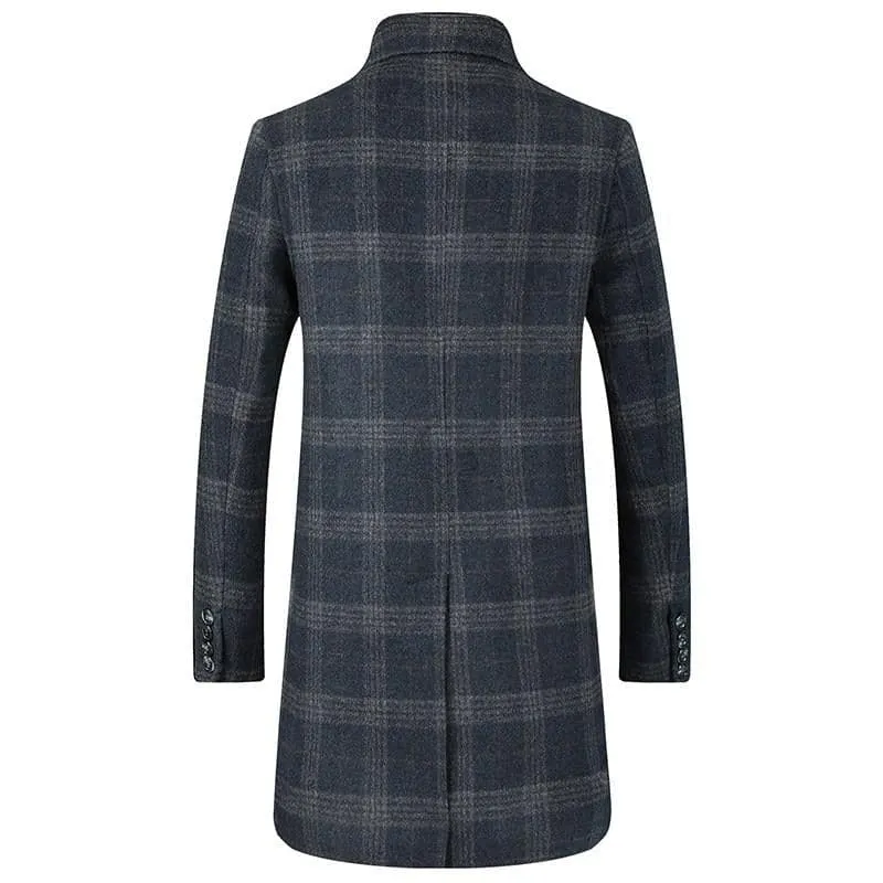 BRADFORD Design Collection Men's Fashion Navy Blue Plaid Coat Jacket Premium Quality Long Wool Gray Plaid Trench Coat