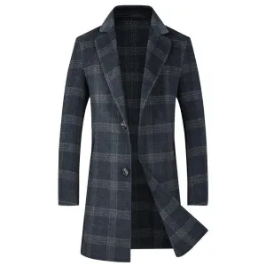 BRADFORD Design Collection Men's Fashion Navy Blue Plaid Coat Jacket Premium Quality Long Wool Gray Plaid Trench Coat