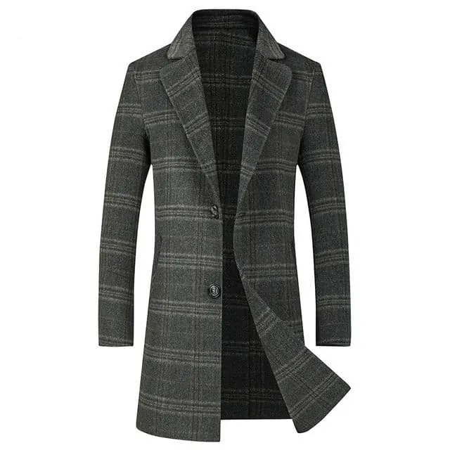 BRADFORD Design Collection Men's Fashion Navy Blue Plaid Coat Jacket Premium Quality Long Wool Gray Plaid Trench Coat