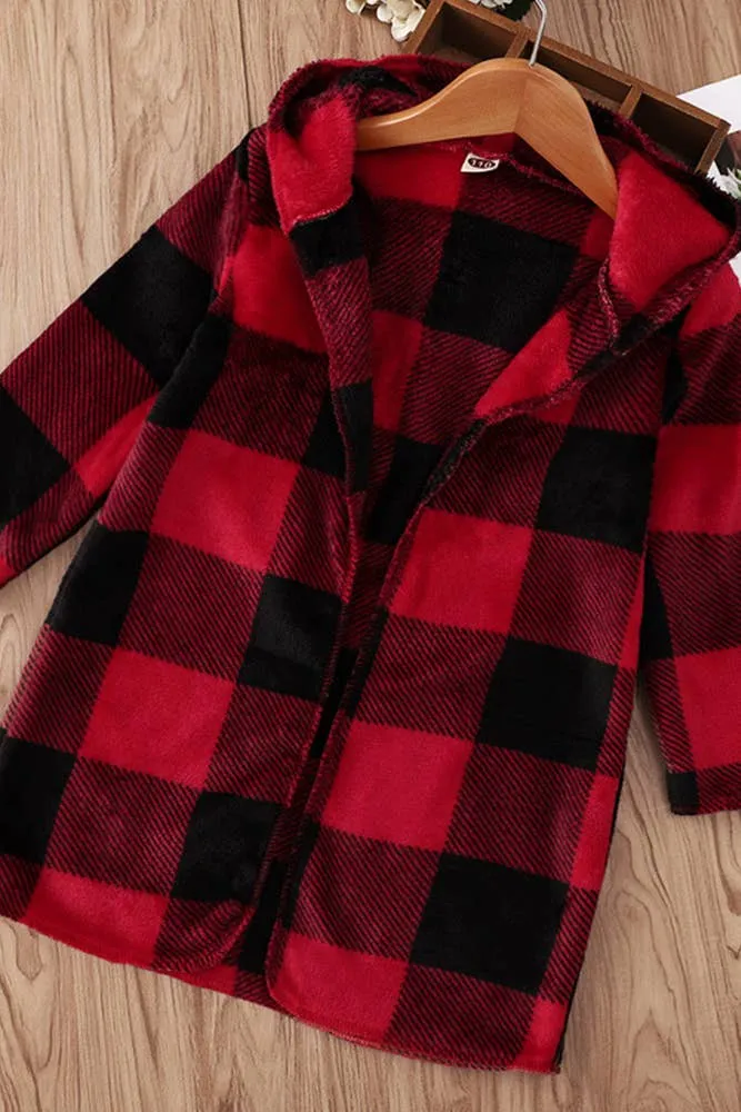 Buffalo Plaid Kid's Open Hooded Cardigan