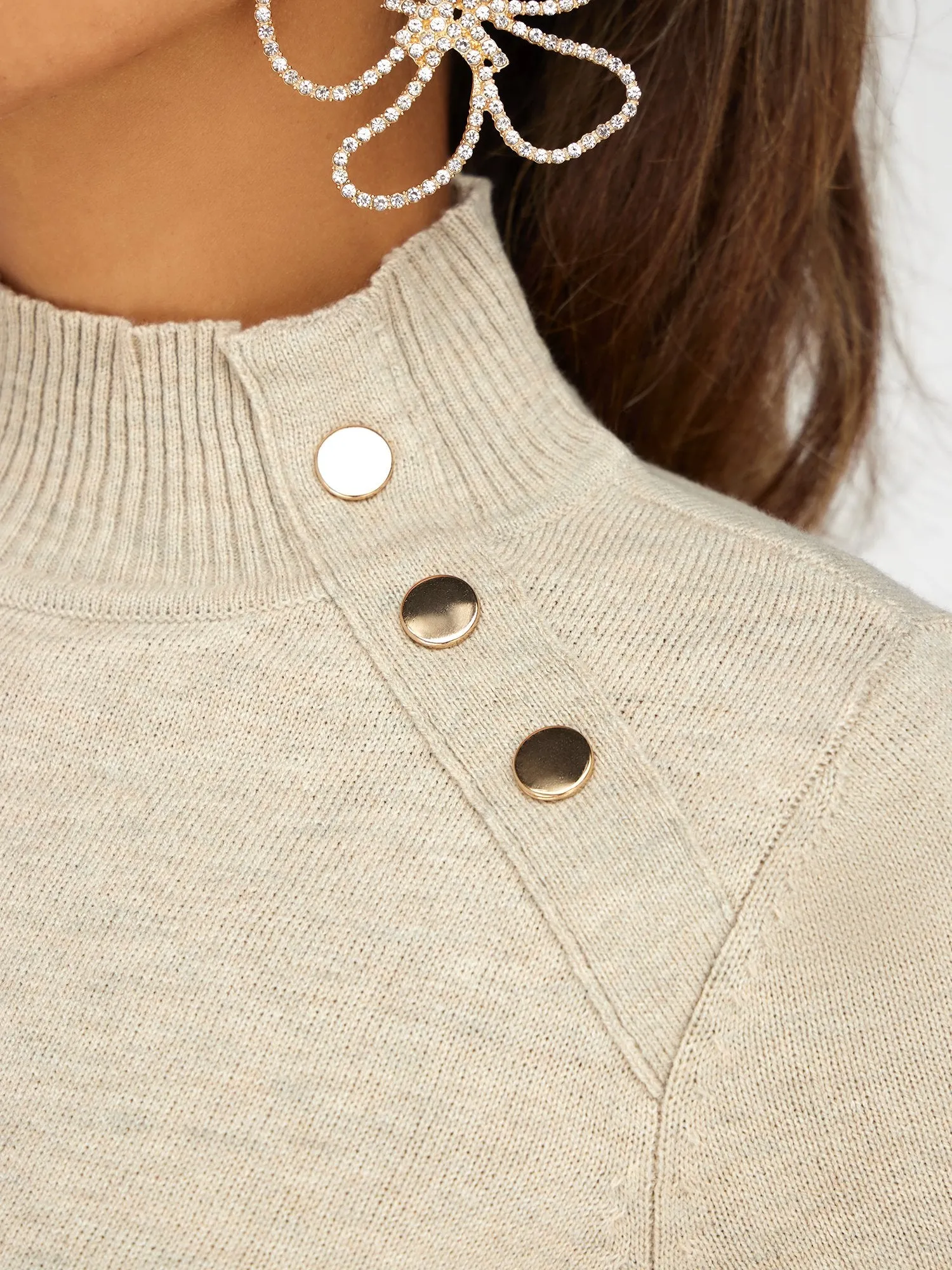 Button-Accent Mock-Neck Sweater