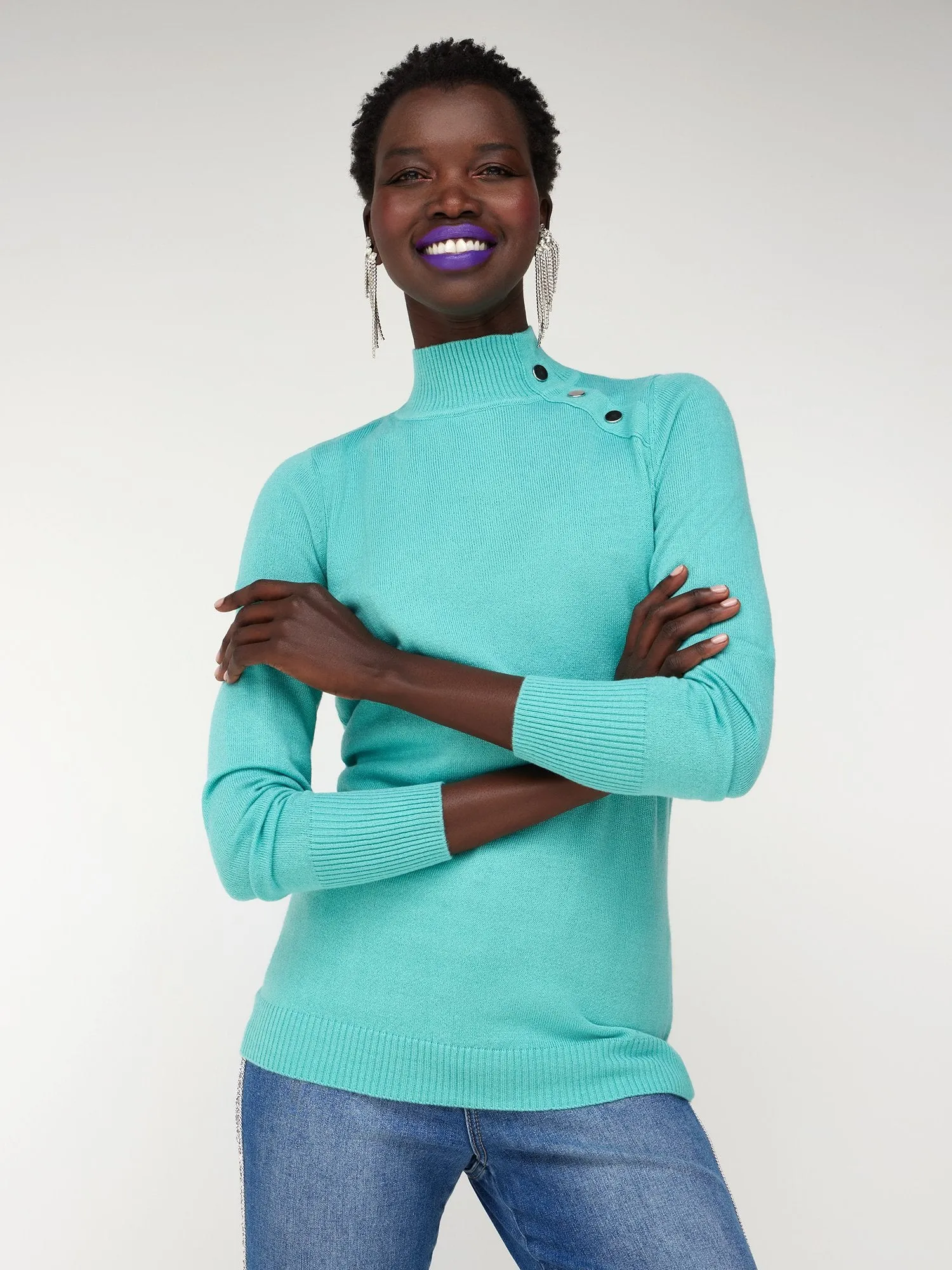 Button-Accent Mock-Neck Sweater