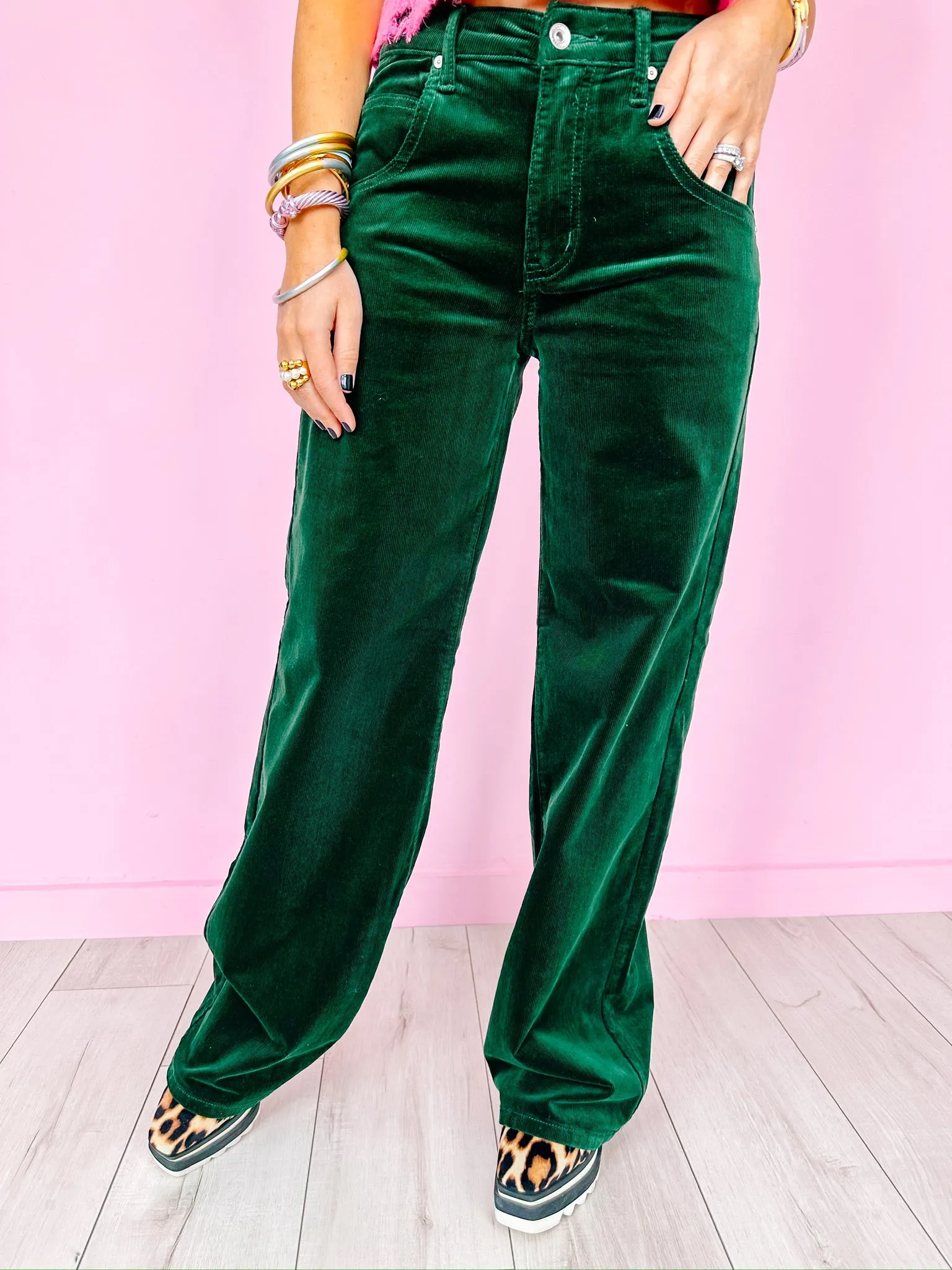 CACEY CORDUROY WIDE LEG JEANS - GREEN