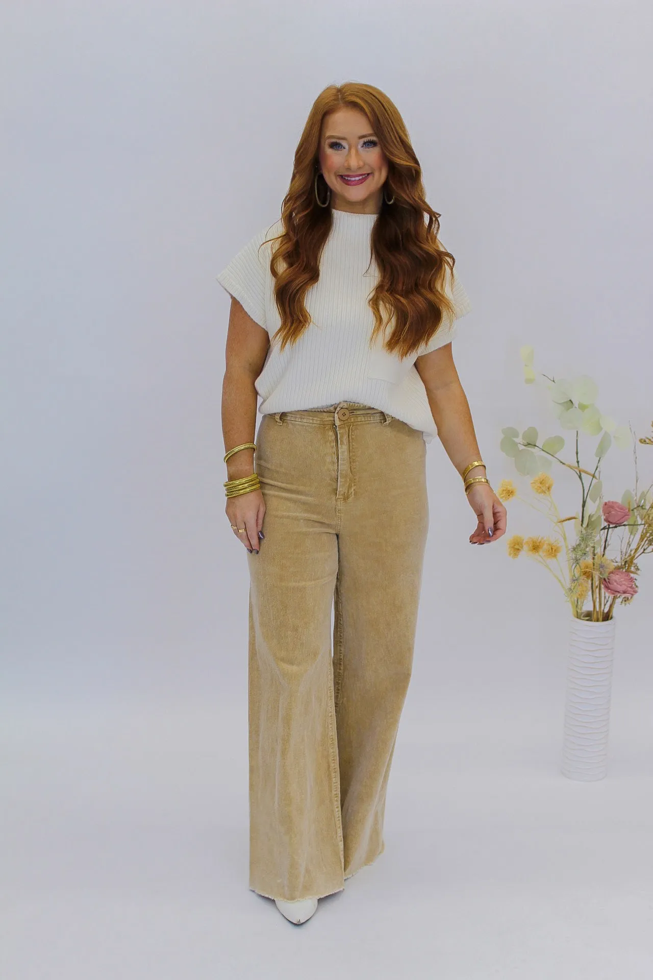 Candice Washed Corduroy Wide Leg Pants- Taupe