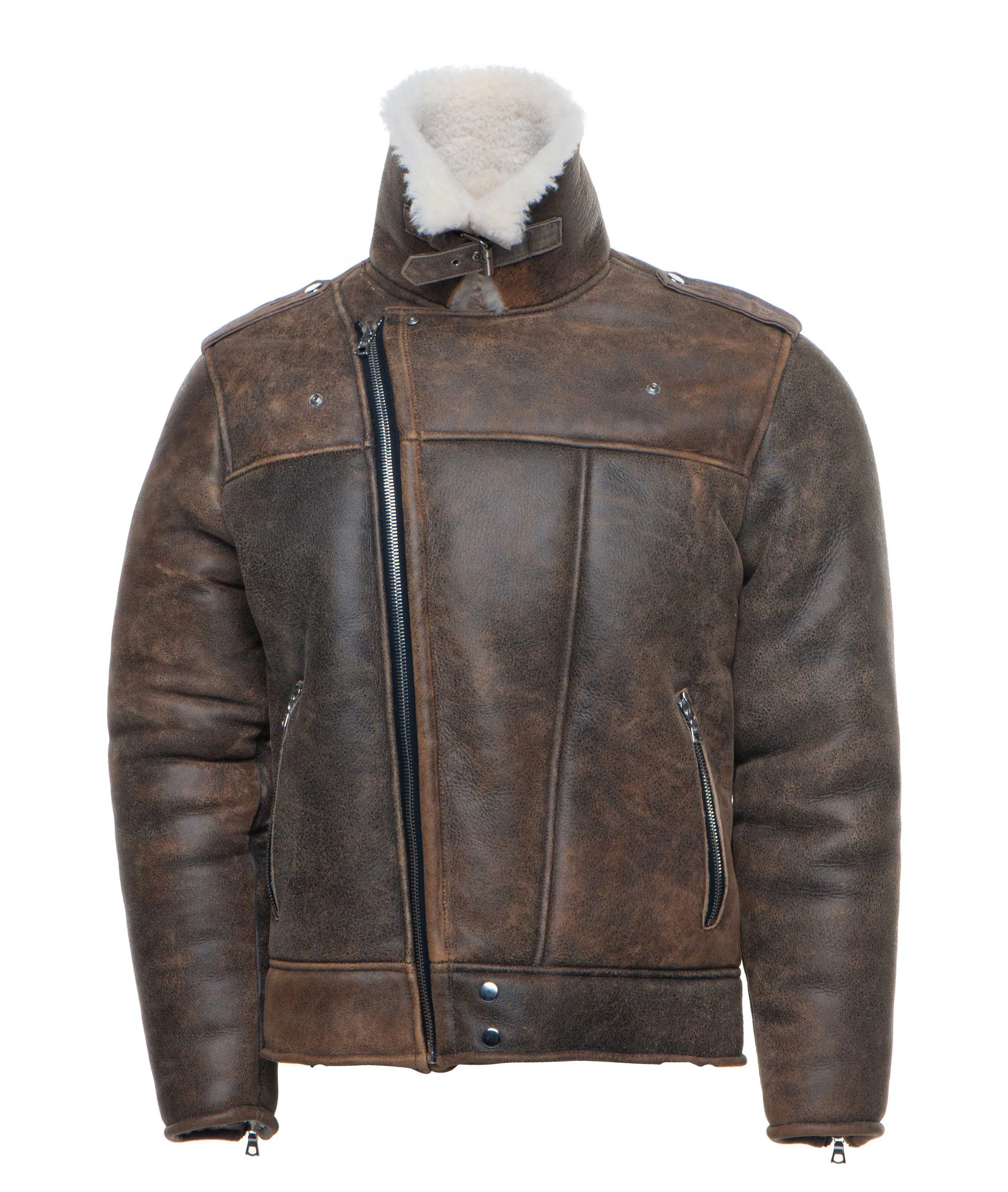 Carter's Distressed Biker bomber shearling jacket with notch lapels