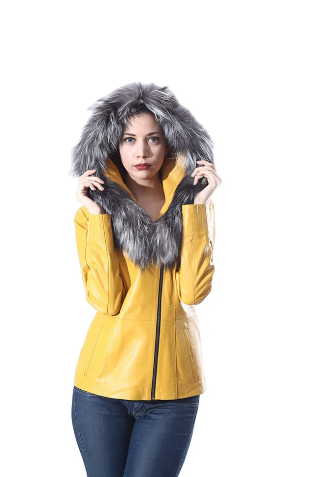 Cidra Womens Real Silver Fox Fur Hooded Leather Jacket