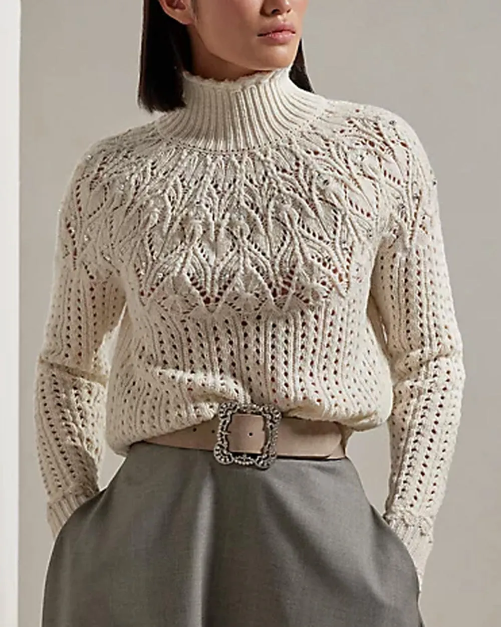 Cream Embellished Long Sleeve Turtleneck