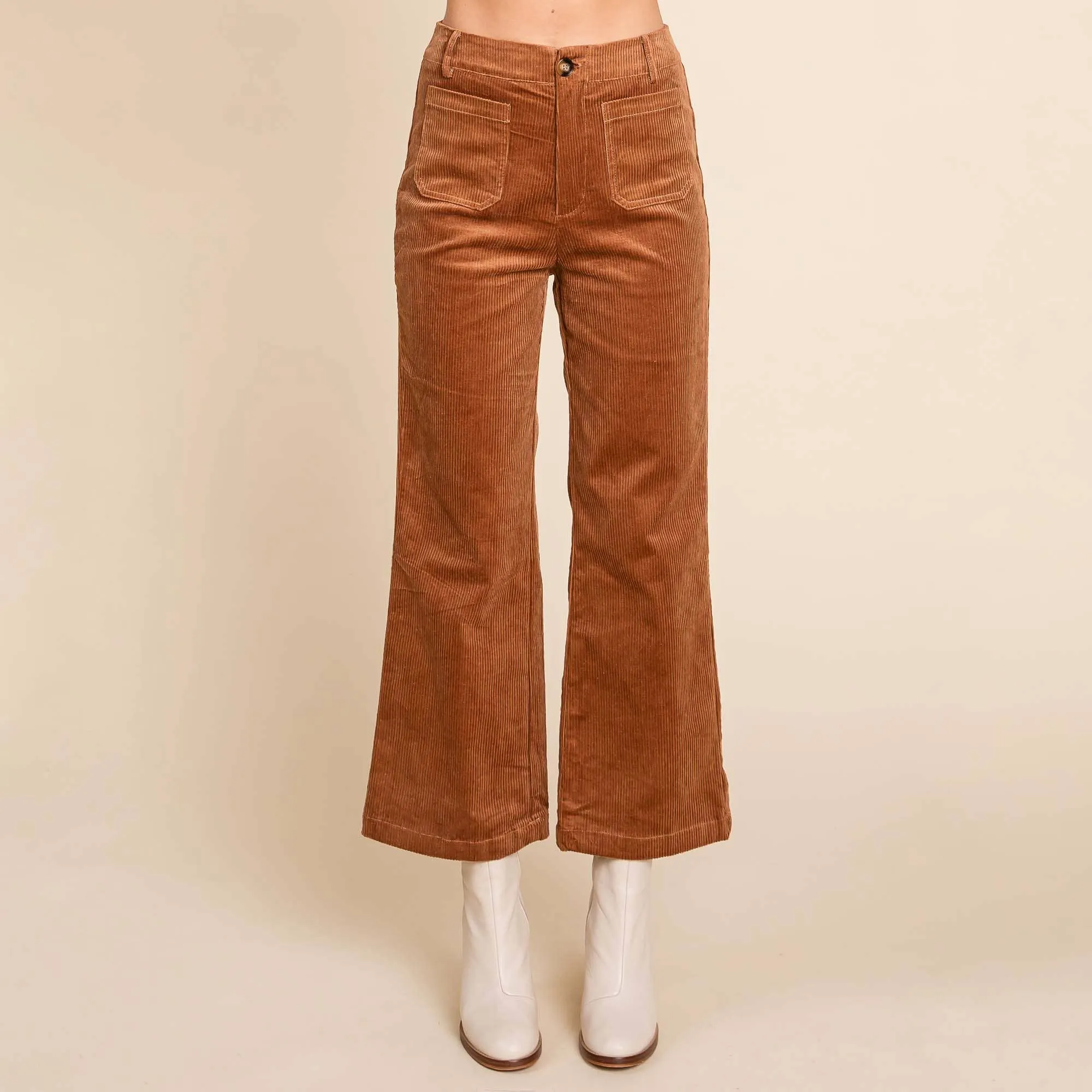 DARK BROWN CORDUROY WIDE LEG HIGH RISE PANTS