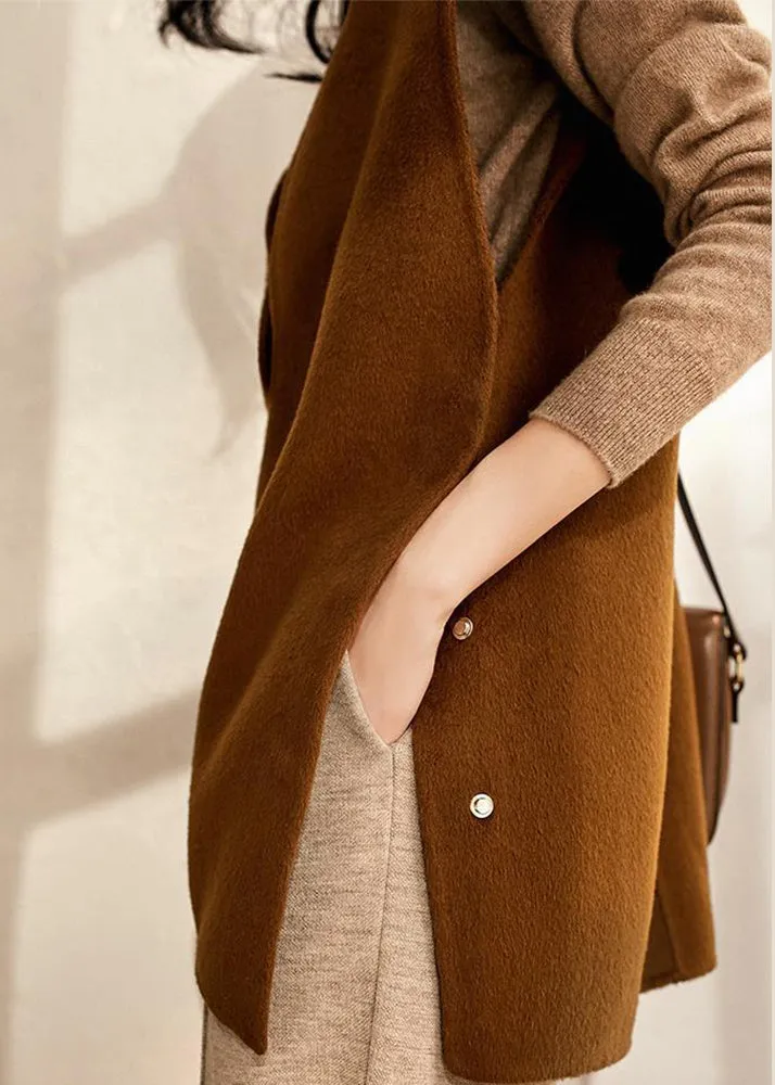 Elegant Brown Chocolate side open Button V Neck Woolen Vest Sleeveless