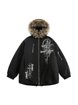 Embroidered Fur Hooded Quilted Jacket