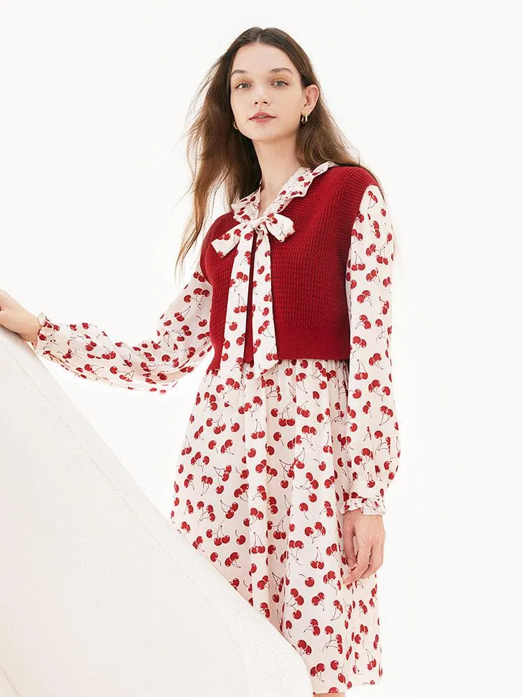 Floral Two-Piece Set Dress And Woolen Vest